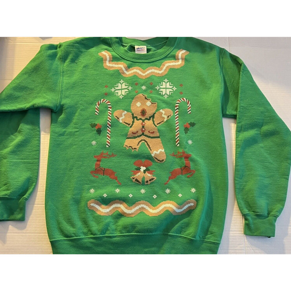 Christmas Holiday Green Sweatshirt Size SMALL Gingerbread Man Candy Cane XMAS - Picture 9 of 9